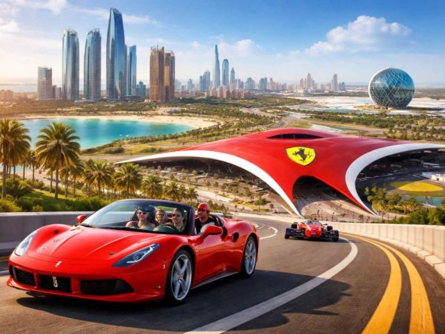 ferrari-world-abu-dhabi-with-red-ferrari-car-and-skyline