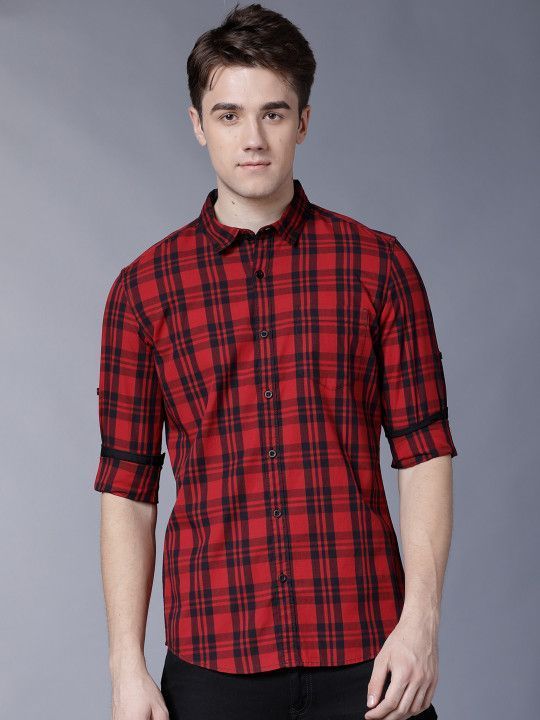 highlander-men-red-black-slim-fit-yarn-dyed-checked-casual-big-0