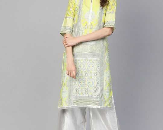 w-women-yellow-silver-printed-straight-kurta