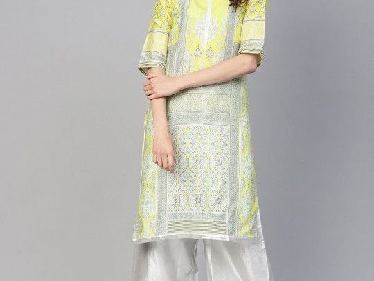 w-women-yellow-silver-printed-straight-kurta