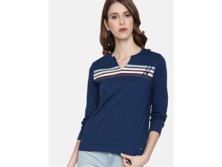 roadster-women-navy-blue-striped-mandarin-collar-t-shirt-small-0