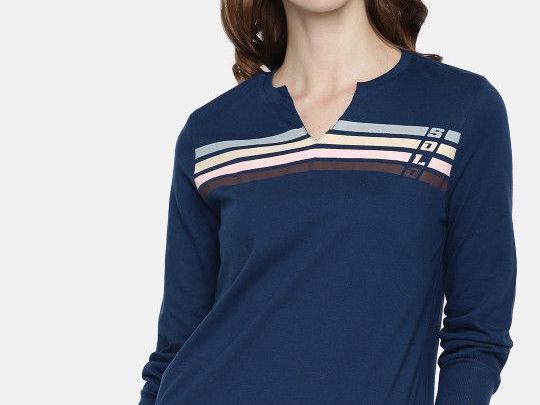 roadster-women-navy-blue-striped-mandarin-collar-t-shirt