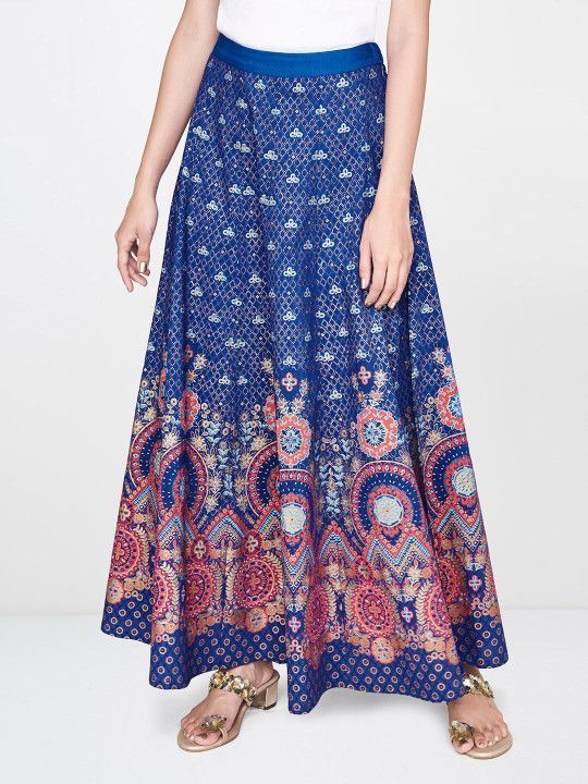 global-desi-women-navy-blue-gold-toned-printed-flared-max-skirt-big-0