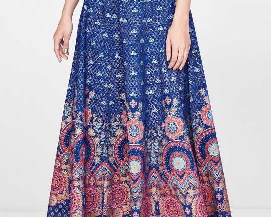 global-desi-women-navy-blue-gold-toned-printed-flared-max-skirt