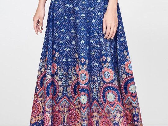 global-desi-women-navy-blue-gold-toned-printed-flared-max-skirt