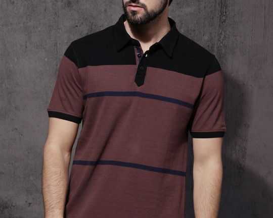 roadster-men-brown-black-striped-polo-collar-t-shirt