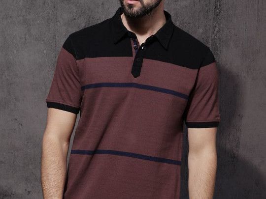 roadster-men-brown-black-striped-polo-collar-t-shirt