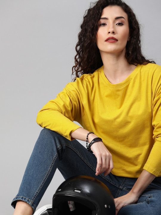 roadster-women-mustard-yellow-solid-round-neck-t-shirt-big-0