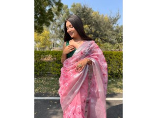 Buy Organza Saree In Pink and Designer Saree Shop Online At Jhakhas