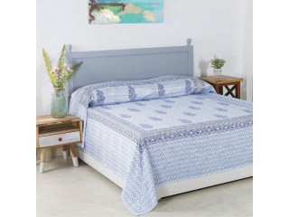 Buy Ragini Buta Blue Hand Block Print Glace Cotton Bed Cover Online