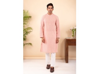 Pink Regular Woven Cotton Full Sleeve Chinese Collar Long Kurta