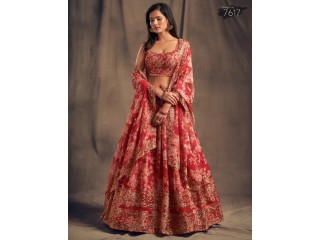 Shop Red Floral Designer Lehenga in Organza Online At Jhakhas.Com
