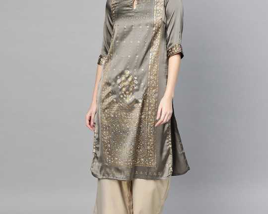 w-women-charcoal-grey-golden-satin-finish-floral-print-straight-kurta