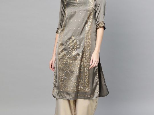 w-women-charcoal-grey-golden-satin-finish-floral-print-straight-kurta