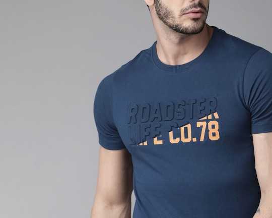 roadster-men-navy-blue-embossed-printed-round-neck-t-shirt