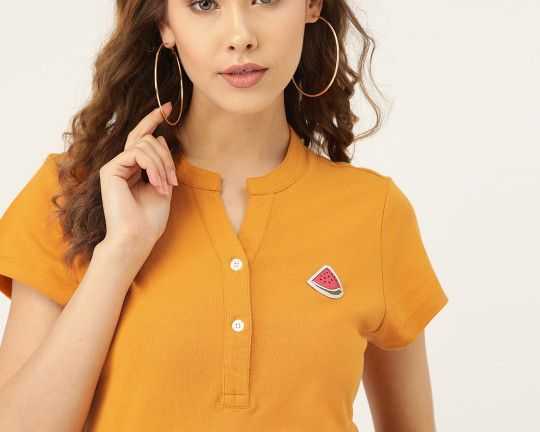 dressberry-women-mustard-yellow-solid-mandarin-collar-t-shirt