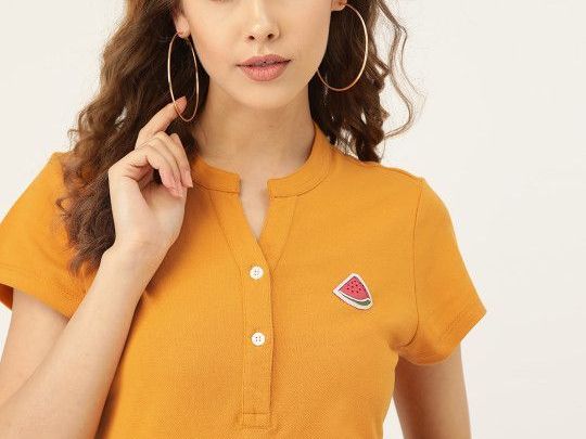 dressberry-women-mustard-yellow-solid-mandarin-collar-t-shirt