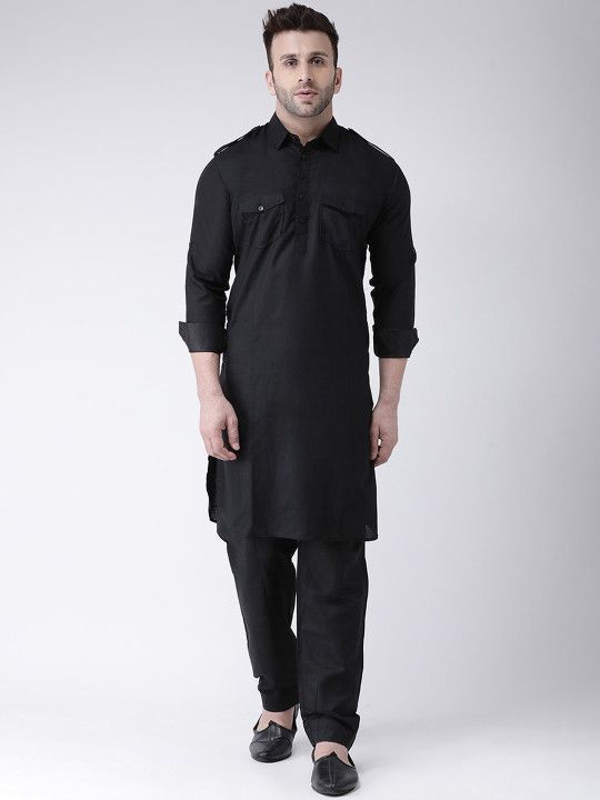 hangup-men-black-solid-kurta-with-pyjamas-big-0
