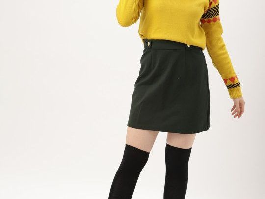 dressberry-women-mustard-yellow-black-self-design
