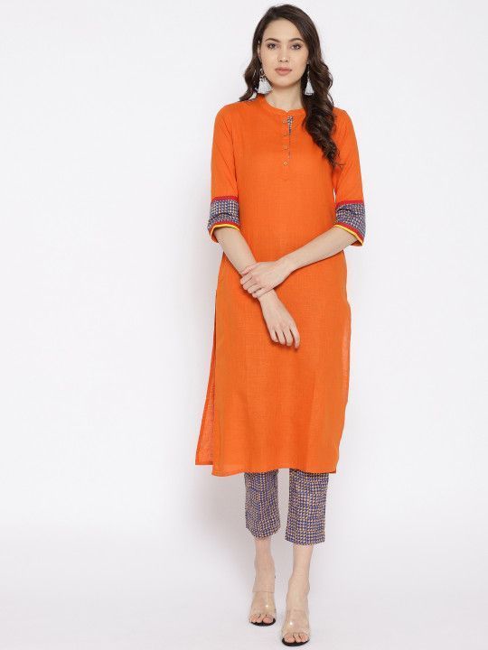 sangria-women-orange-navy-blue-solid-kurta-with-trousers-big-0