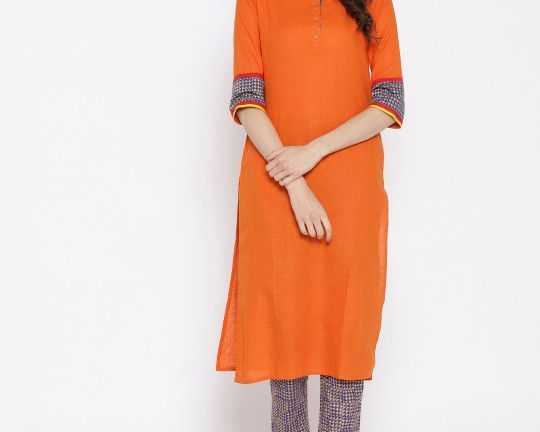 sangria-women-orange-navy-blue-solid-kurta-with-trousers