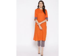 sangria-women-orange-navy-blue-solid-kurta-with-trousers-small-0