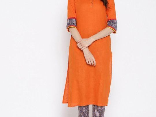 sangria-women-orange-navy-blue-solid-kurta-with-trousers