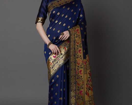 mitera-navy-blue-gold-toned-silk-blend-woven-design