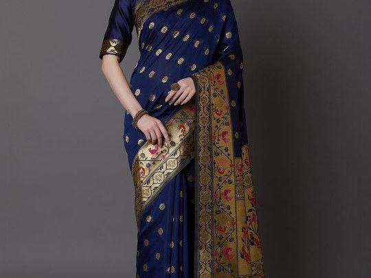 mitera-navy-blue-gold-toned-silk-blend-woven-design