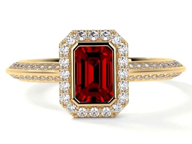 emerald-cut-lab-made-ruby-rings-with-round-diamond