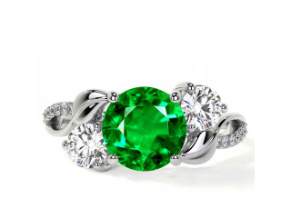 Buy Three Stone Round Emerald Engagement rings with Round Side Diamonds 2.35cttw.